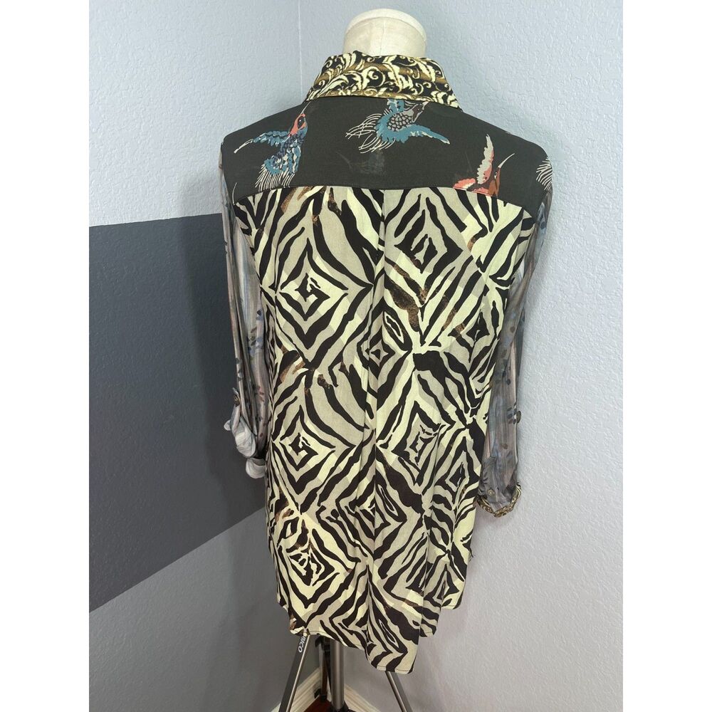 John Mark PM Mixed Print Patchwork Tunic Roll Tab Button Down Blouse Bird Artsy - Picture 2 of 14